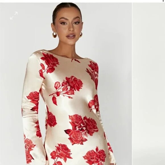 NWT Meshki Davina Satin Long Sleeve Floral  Mini Dress - Rose Print - Picture 4 of 12